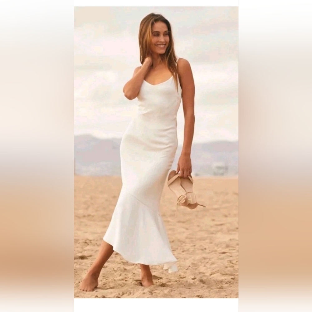 Lulus Strictly Romance White Satin Asymmetrical Tiered Midi Dress Size Medium